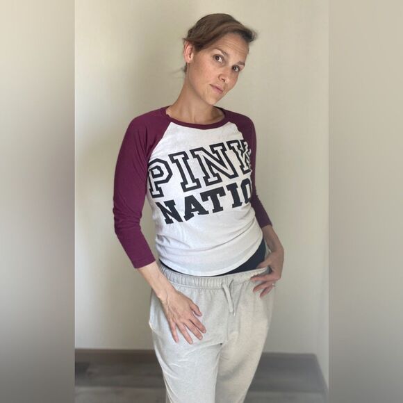 Victoria’s Secret PINK Nation Baseball Tee Oversized XS Maroon White - Picture 1 of 12